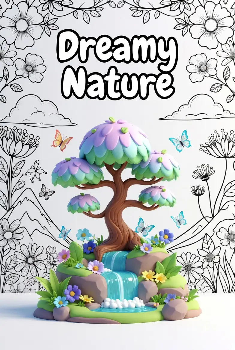 Dreamy Nature coloring category image with pastel tree, waterfall, flowers, and line art background