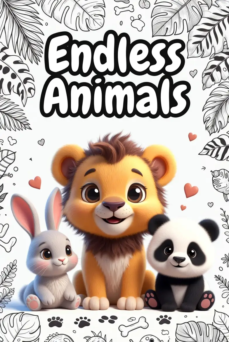 Endless Animals coloring category image with cute lion, bunny, panda, and jungle doodles