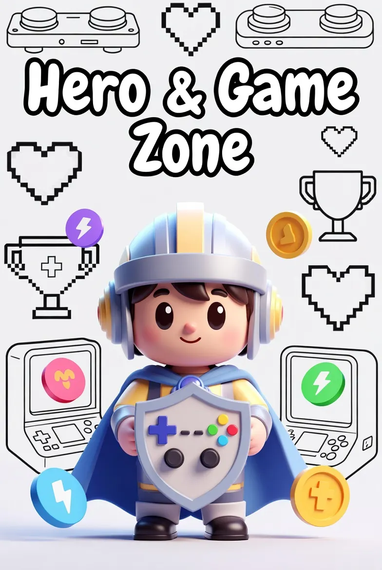 Hero & Game Zone coloring category image with cute gamer hero, joystick icons, and pixel hearts