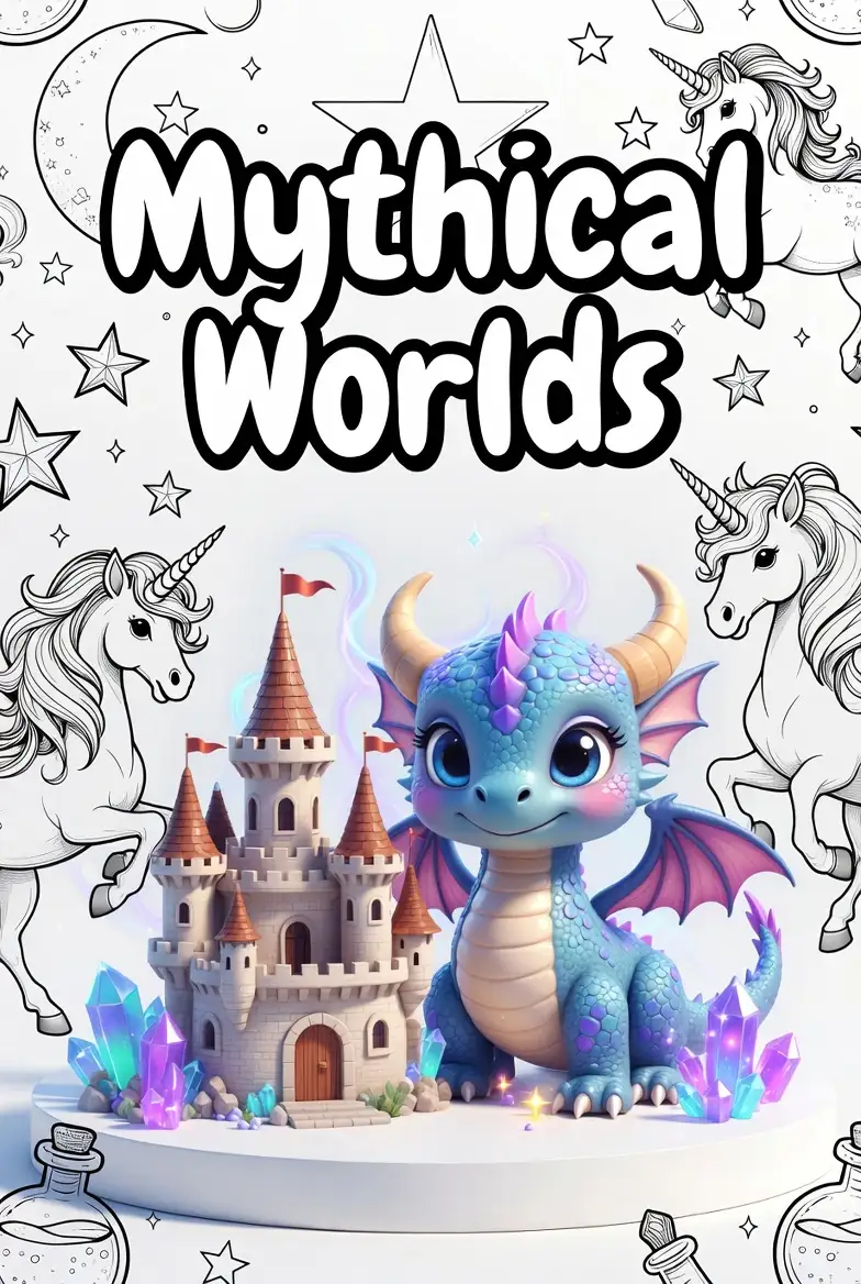 Mythical Worlds coloring category image with baby dragon, castle, crystals, and unicorn outlines