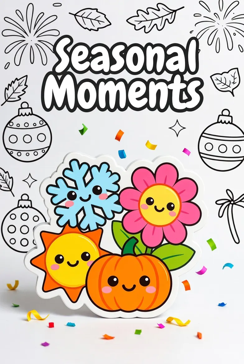 Seasonal Moments coloring category image with cute sun, snowflake, pumpkin, and confetti